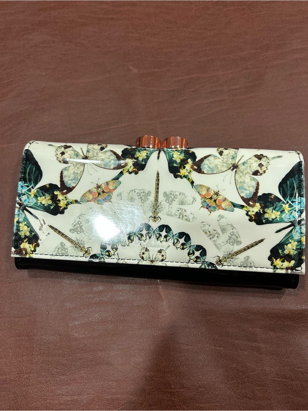 Ted Baker Cream Floral & Butterfly Print Wallet with Gold Accent.